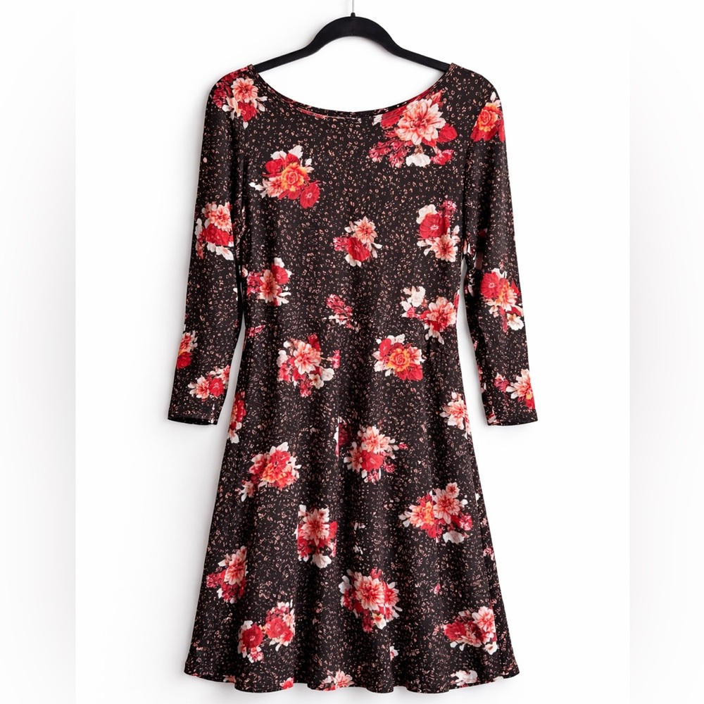 torrid Black Long-Sleeve Floral Fit & Flare Dress with Red Blooms